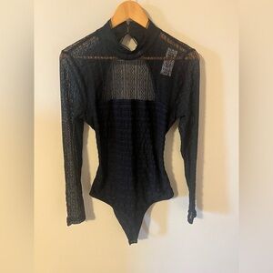 Abercrombie and Fitch Lace Bodysuit Women Large Black Semi Sheer Long Sleeve